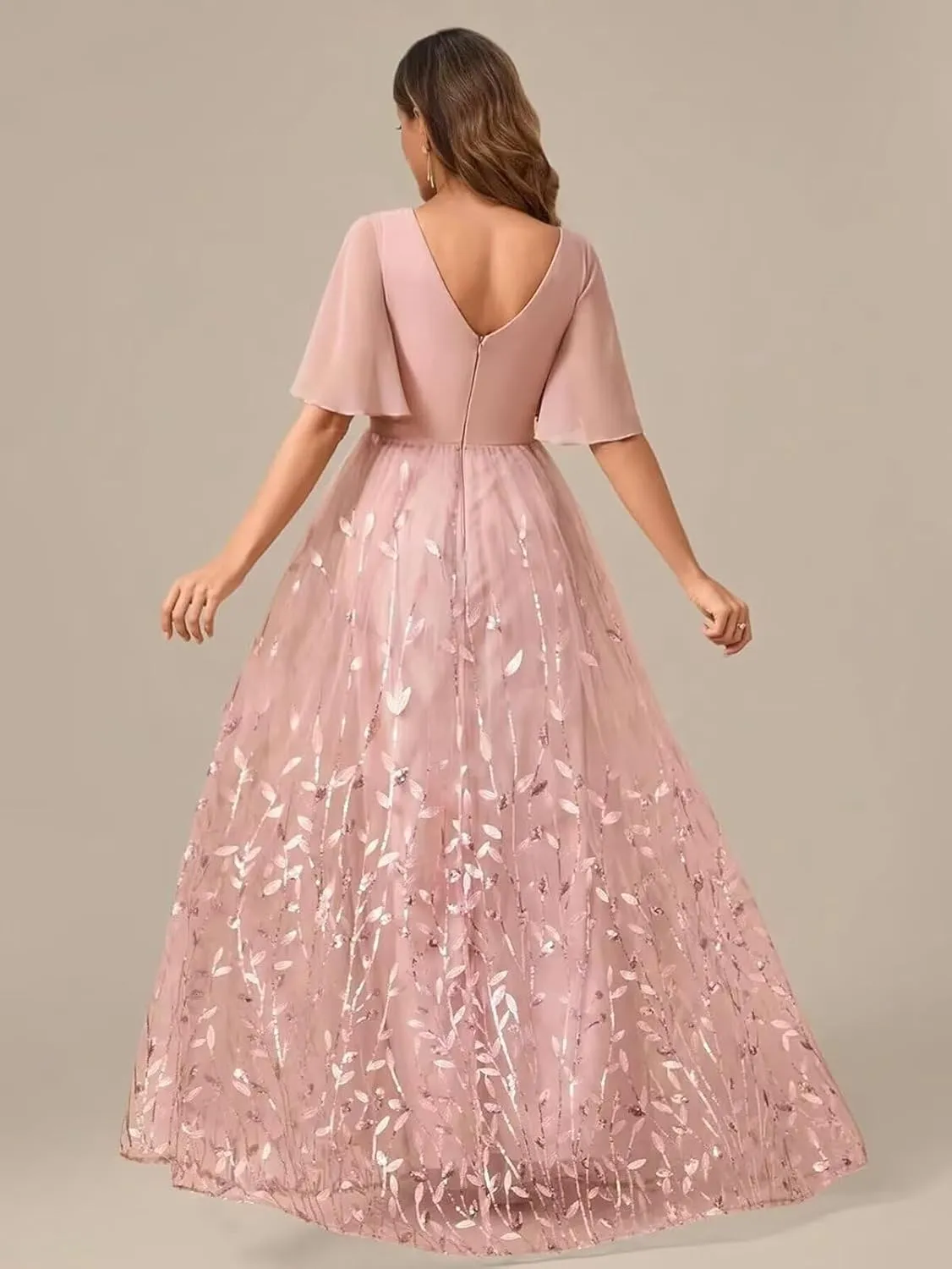 V Neck Mother of The Bride Dresses with Sleeves Floral Sequin Formal Dress Empire Waist Wedding Guest Dress