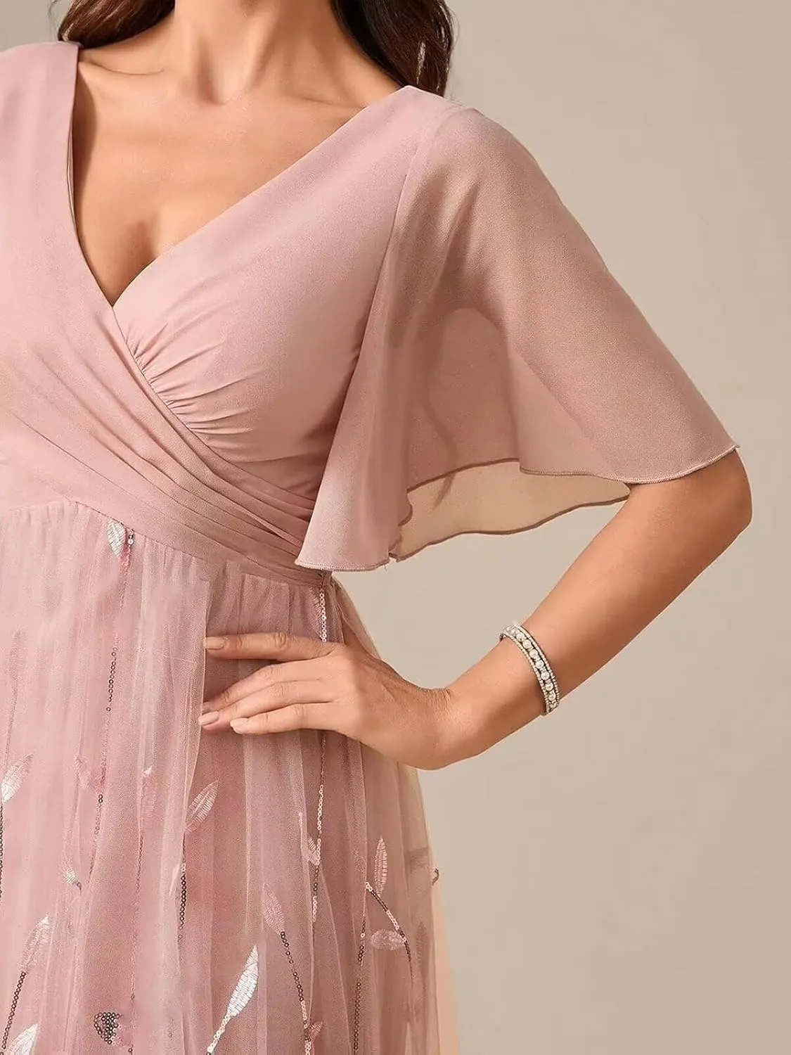 V Neck Mother of The Bride Dresses with Sleeves Floral Sequin Formal Dress Empire Waist Wedding Guest Dress