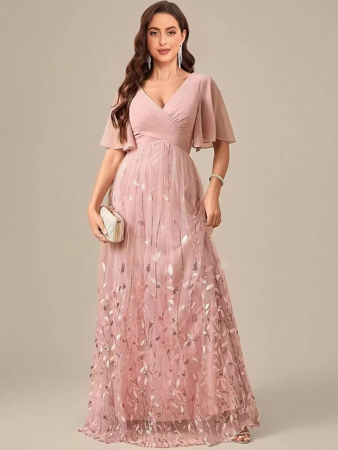 V Neck Mother of The Bride Dresses with Sleeves Floral Sequin Formal Dress Empire Waist Wedding Guest Dress
