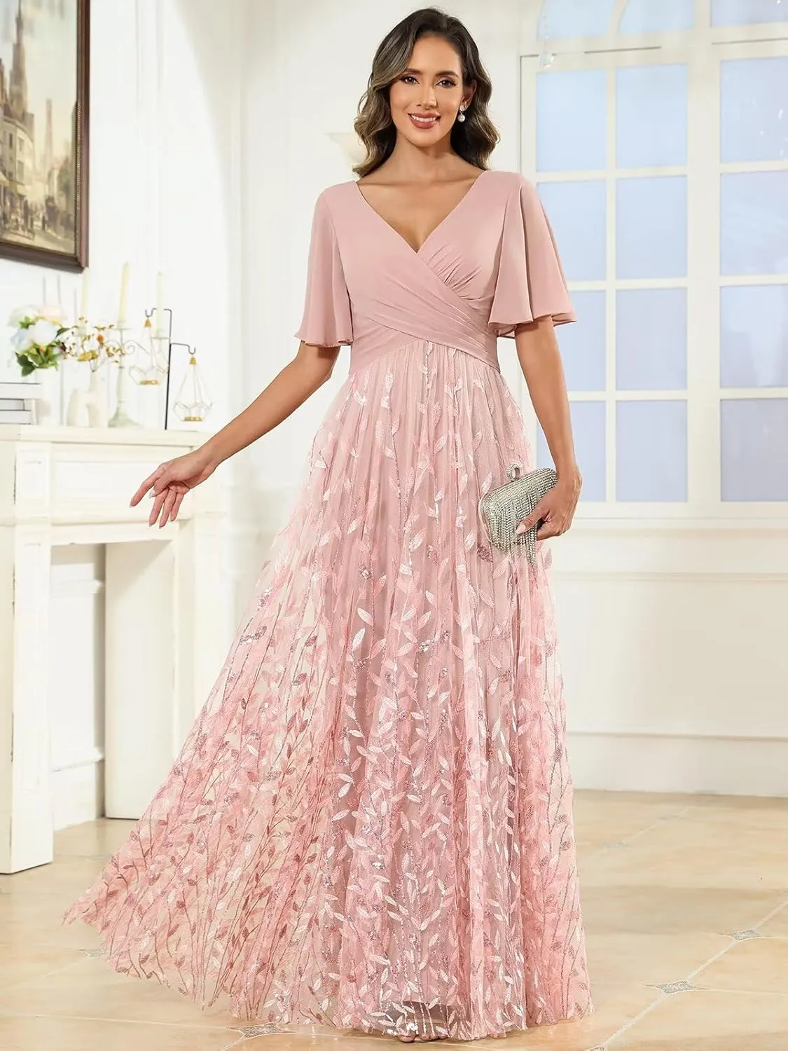 V Neck Mother of The Bride Dresses with Sleeves Floral Sequin Formal Dress Empire Waist Wedding Guest Dress