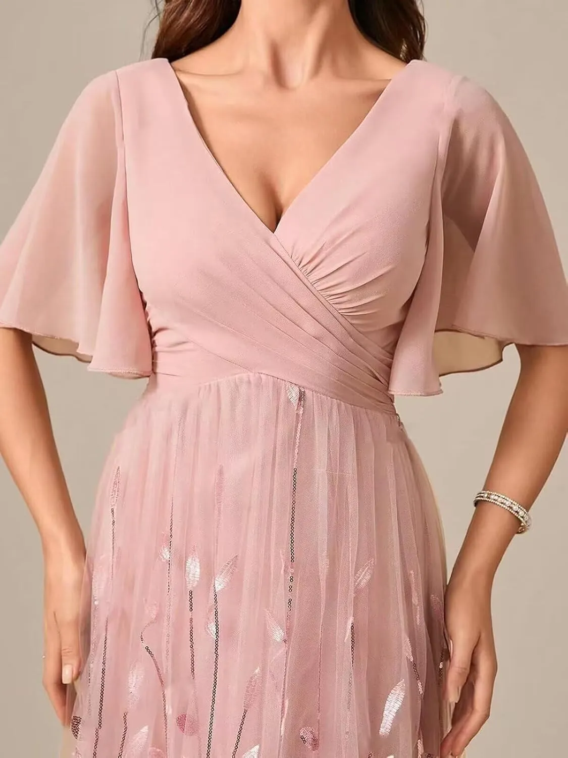 V Neck Mother of The Bride Dresses with Sleeves Floral Sequin Formal Dress Empire Waist Wedding Guest Dress