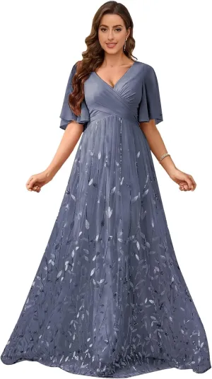V Neck Mother of The Bride Dresses with Sleeves Floral Sequin Formal Dress Empire Waist Wedding Guest Dress