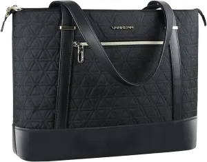 VANKEAN Laptop Bag for Women, 15.6 Inch Work Bag Waterproof Computer Shoulder Bag with USB Port, Large Tote Bag for Work Business Travel, Quilted Black