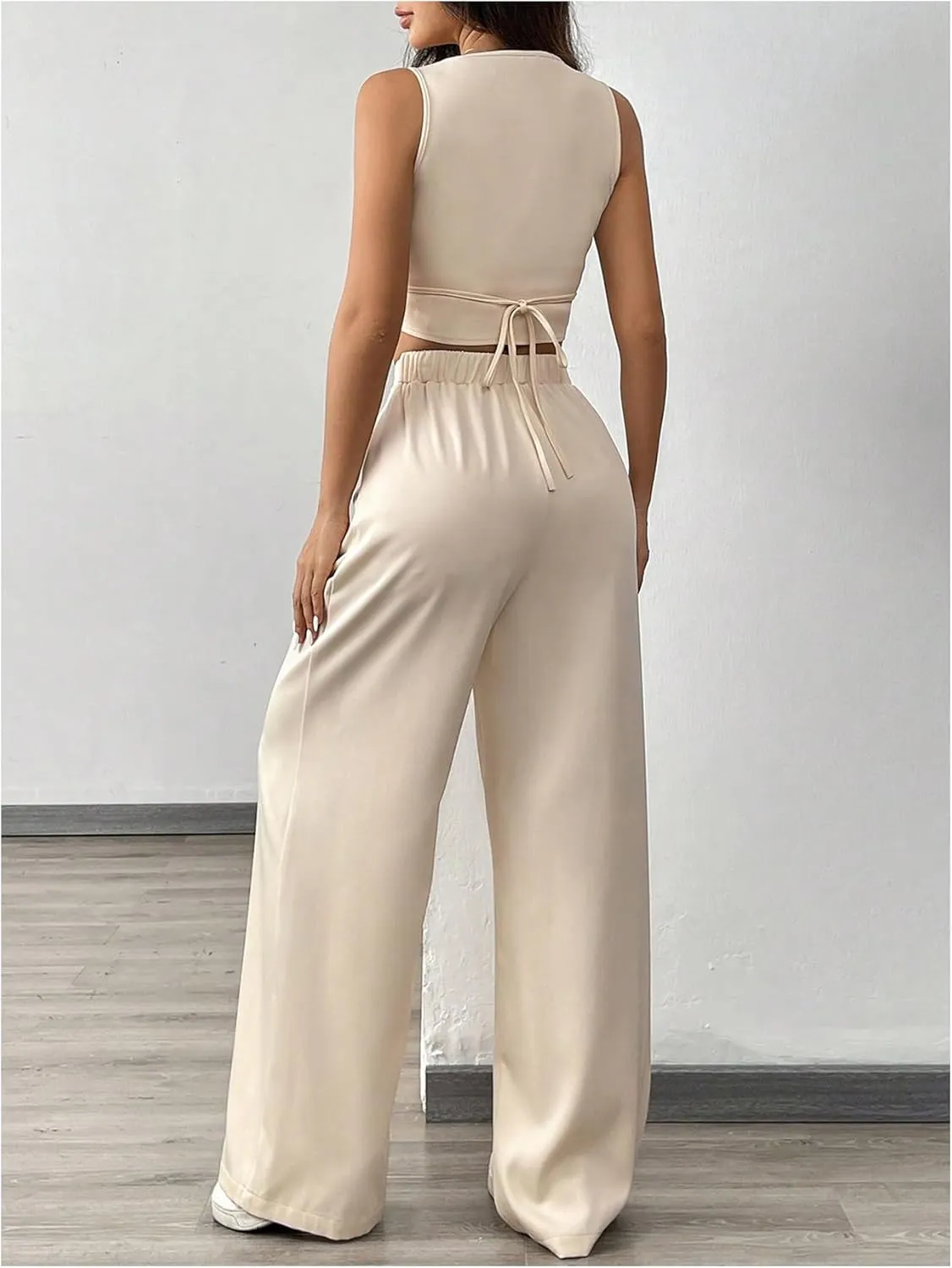 WDIRARA Women's 2 Piece Outfits Button Down Sleeveless Clothing Sets Crop Blazer Vest and Wide Leg Pants Set