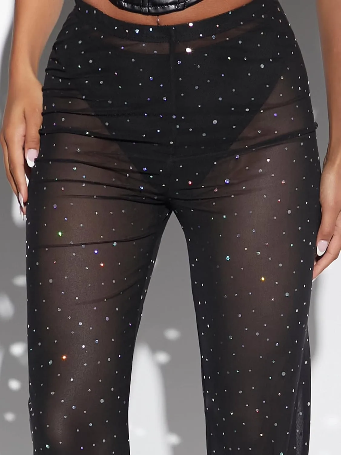 WDIRARA Women's Sexy Rhinestone Mesh Sequin Party Club Legging Trousers Night Out Elastic High Waist Straight Leg Pants