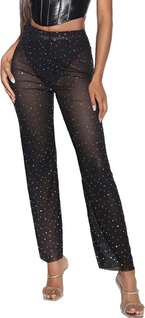 WDIRARA Women's Sexy Rhinestone Mesh Sequin Party Club Legging Trousers Night Out Elastic High Waist Straight Leg Pants
