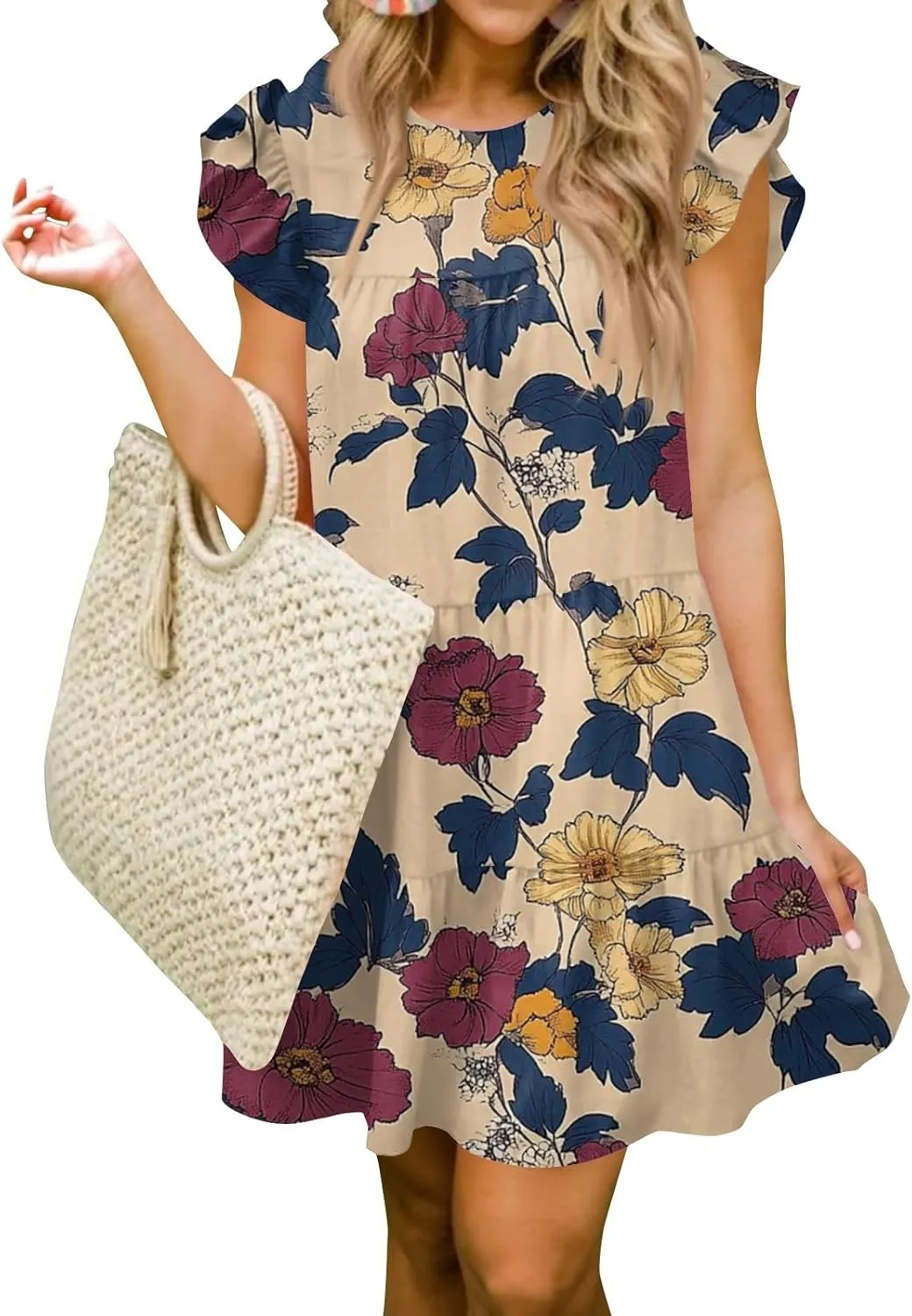 Women Babydoll Summer Casual Crew Neck Ruffle Sleeve Sleeveless Flowy Mini Short Tunic Dress Floral Print Pleated Dress3-Khaki,Small
