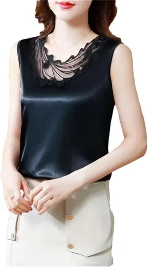 Women Satin Sleeveless Top Mesh Cut-Out Lace Camisole Vest Summer Sexy Tank Top