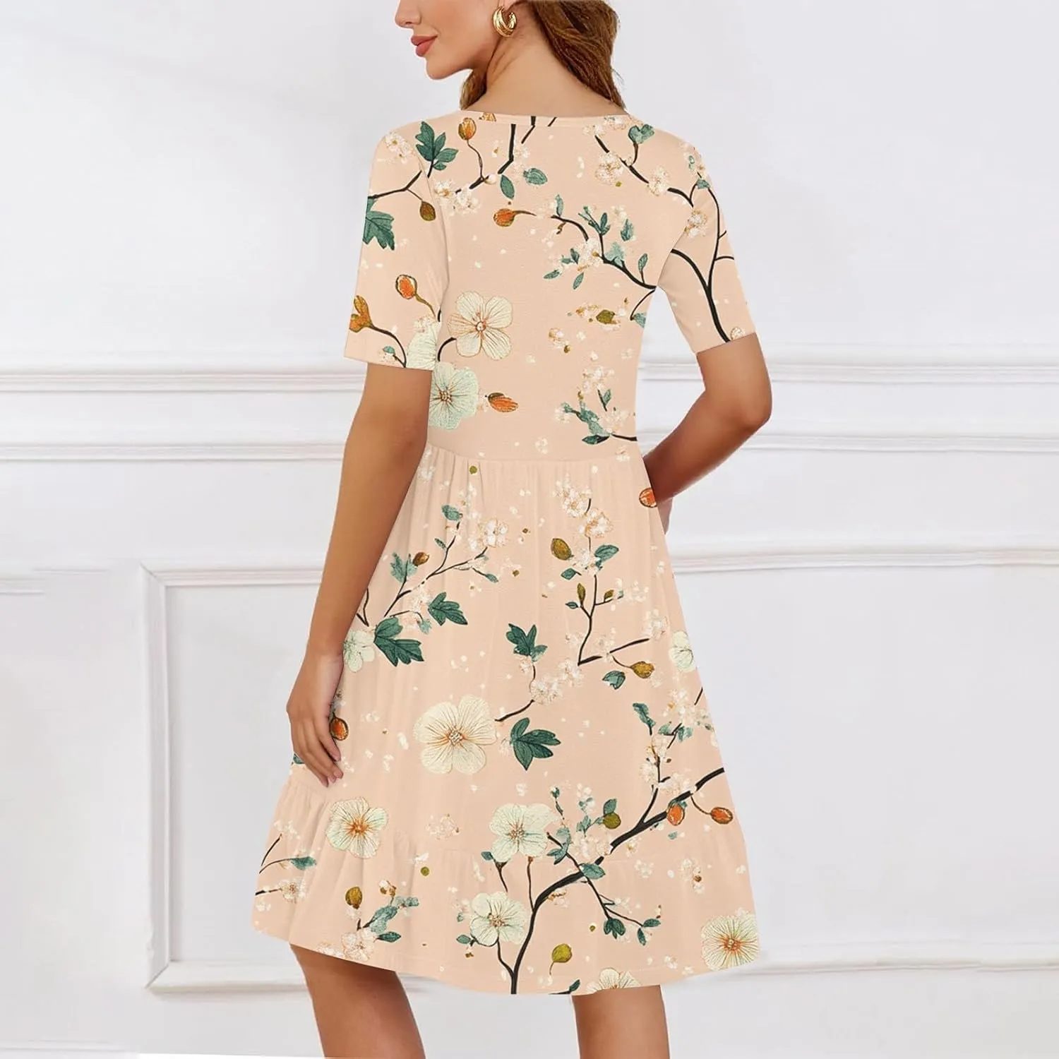 Women Summer Short Sleeve Dress Floral Printed Pleated Swing Knee Length Dresses Ruffle Hem Cocktail Party Dress