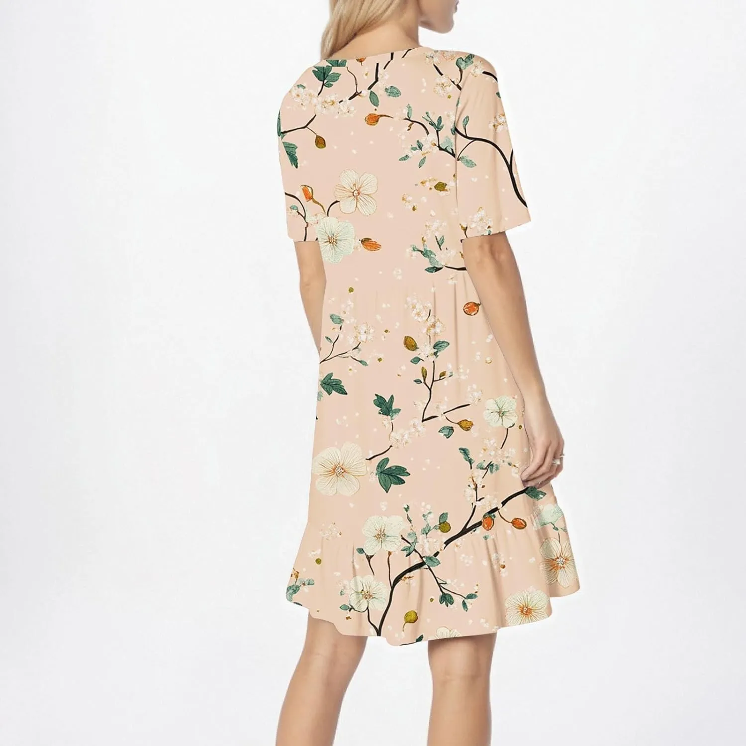 Women Summer Short Sleeve Dress Floral Printed Pleated Swing Knee Length Dresses Ruffle Hem Cocktail Party Dress
