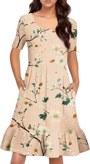 Women Summer Short Sleeve Dress Floral Printed Pleated Swing Knee Length Dresses Ruffle Hem Cocktail Party Dress