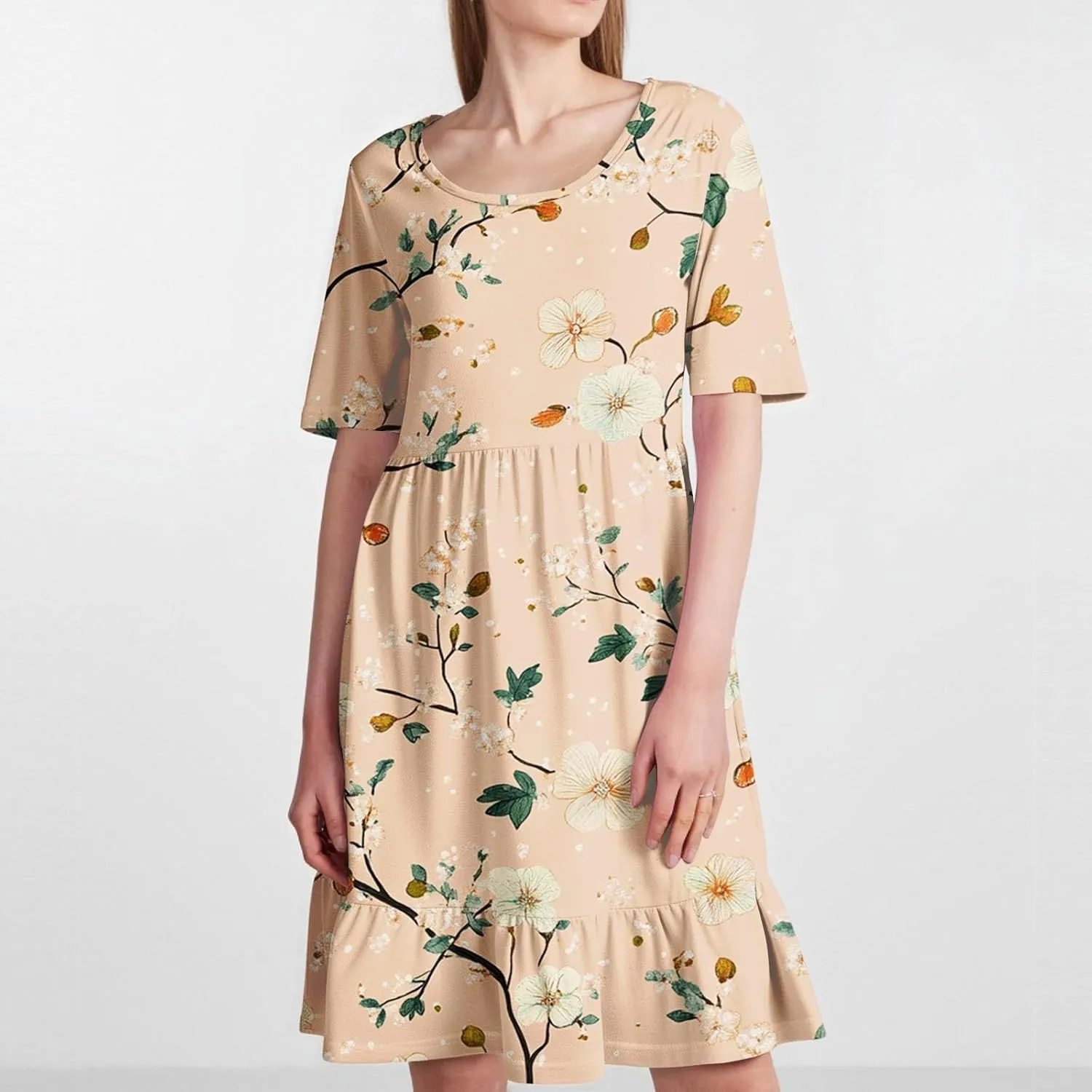Women Summer Short Sleeve Dress Floral Printed Pleated Swing Knee Length Dresses Ruffle Hem Cocktail Party Dress