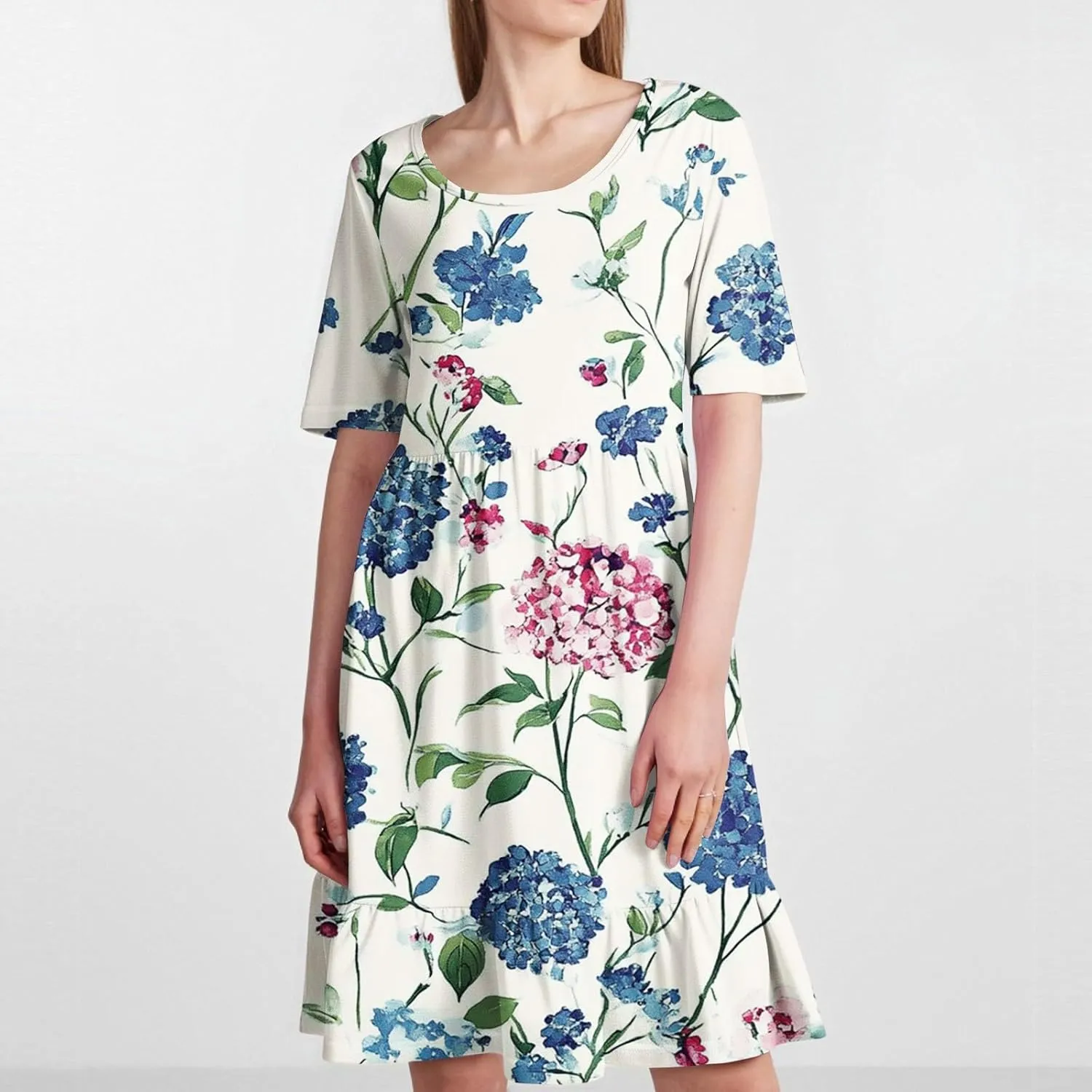 Women Summer Short Sleeve Dress Floral Printed Pleated Swing Knee Length Dresses Ruffle Hem Cocktail Party Dress