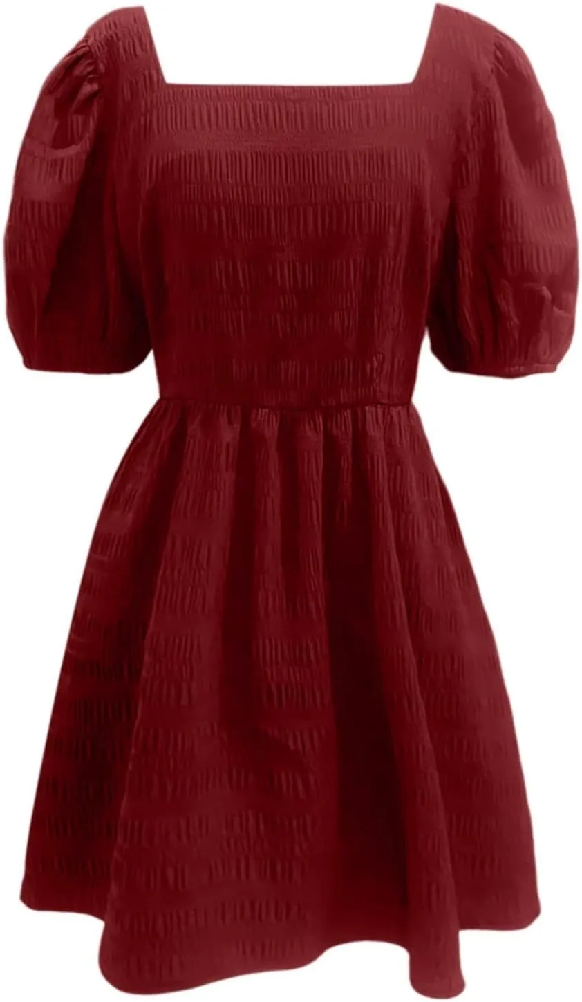 Women's 2025 Summer Boho Dresses A Line Square Neck Ruffle Swing Beach Long Mini Dress Cute Puff Short Sleeve Dress