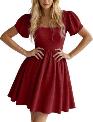 Women's 2025 Summer Boho Dresses A Line Square Neck Ruffle Swing Beach Long Mini Dress Cute Puff Short Sleeve Dress