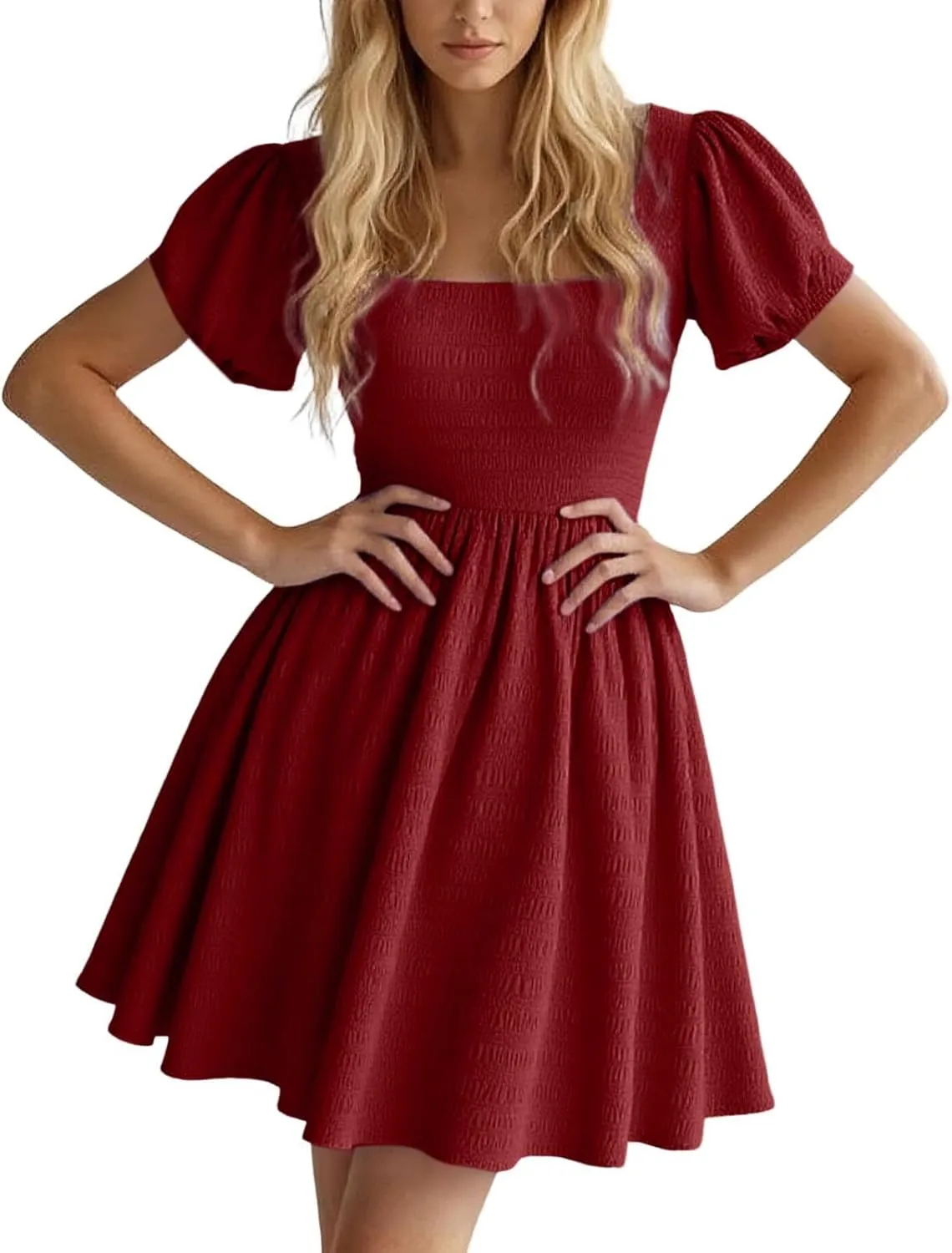 Women's 2025 Summer Boho Dresses A Line Square Neck Ruffle Swing Beach Long Mini Dress Cute Puff Short Sleeve Dress