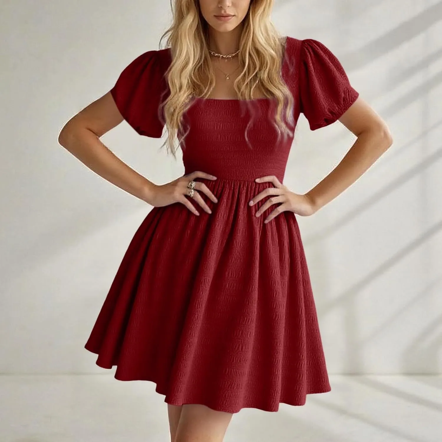 Women's 2025 Summer Boho Dresses A Line Square Neck Ruffle Swing Beach Long Mini Dress Cute Puff Short Sleeve Dress