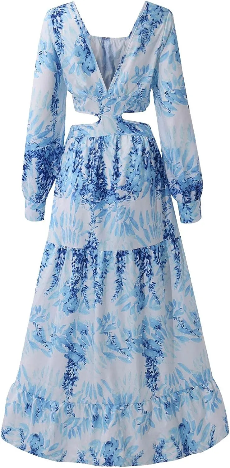 Women's Casual Dresses Summer Loose Trendy Short Sleeve V-Neck Floral Print Beach Vacation Maxi Dress, S-XL