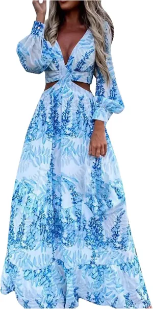 Women's Casual Dresses Summer Loose Trendy Short Sleeve V-Neck Floral Print Beach Vacation Maxi Dress, S-XL