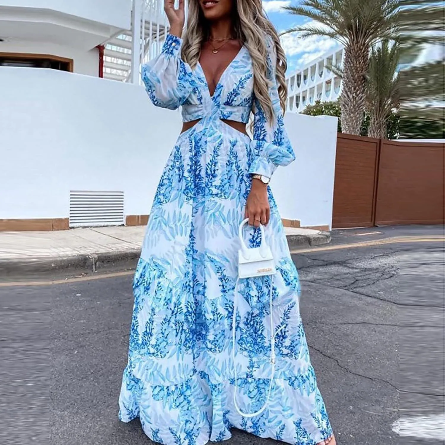 Women's Casual Dresses Summer Loose Trendy Short Sleeve V-Neck Floral Print Beach Vacation Maxi Dress, S-XL