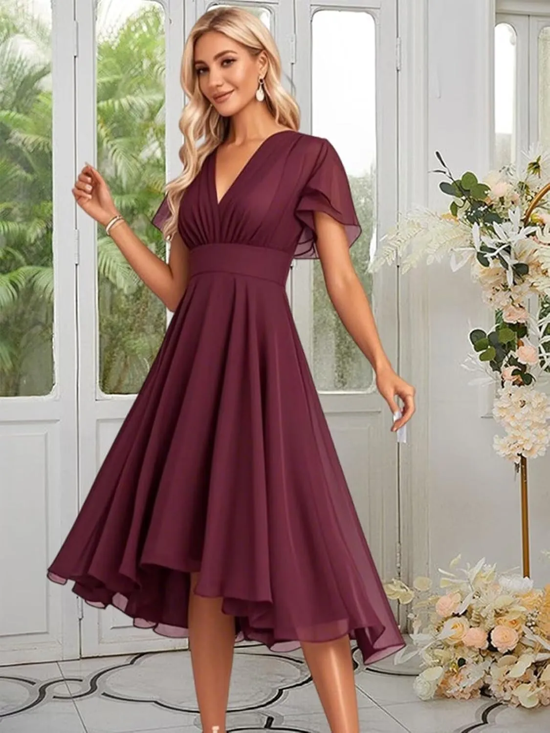 Women's Chiffon Bridesmaid Dresses Ruffle Sleeves V Neck Formal Dress Short Bridesmaid Dress