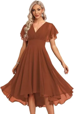 Women's Chiffon Bridesmaid Dresses Ruffle Sleeves V Neck Formal Dress Short Bridesmaid Dress