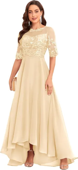 Women's Chiffon Half Sleeve Mother of The Bride Dresses for Wedding Scoop Neck Lace Appliques Evening Formal Party Gowns