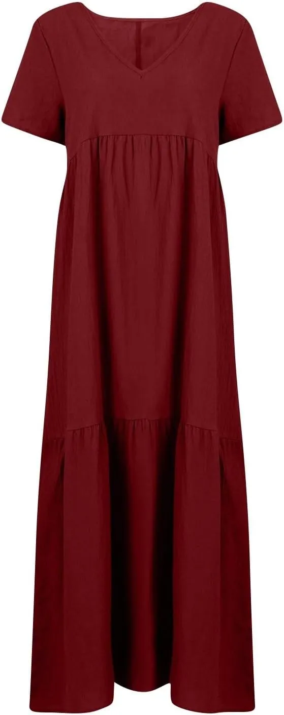 Women's Cruise Outfits 2025 Casual Trendy Loose Short Sleeve V-Neck Solid Color Flowy Maxi Dress Plus Size, S-5XL