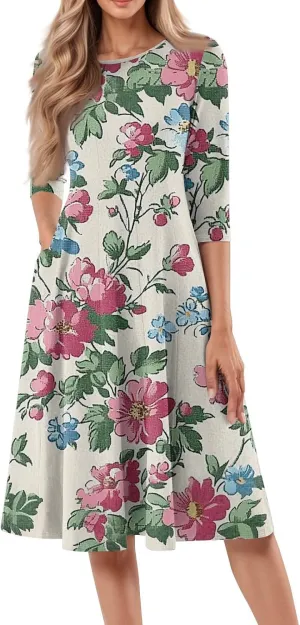 Women's Cruise Outfits 2025 Summer Casual Loose Trendy 3/4 Sleeve Floral Print Midi Dress Plus Size, S-3XL