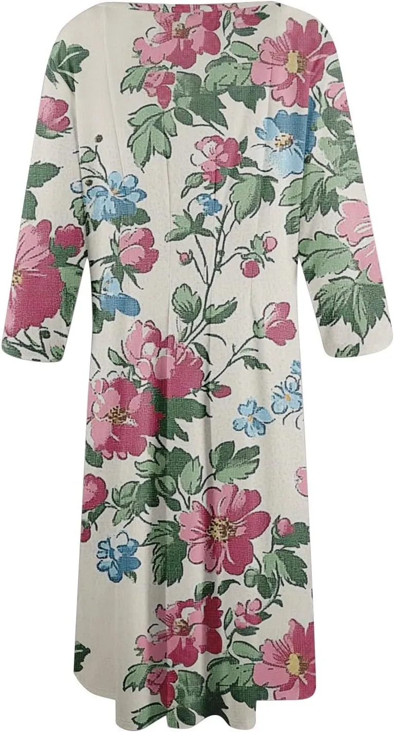 Women's Cruise Outfits 2025 Summer Casual Loose Trendy 3/4 Sleeve Floral Print Midi Dress Plus Size, S-3XL