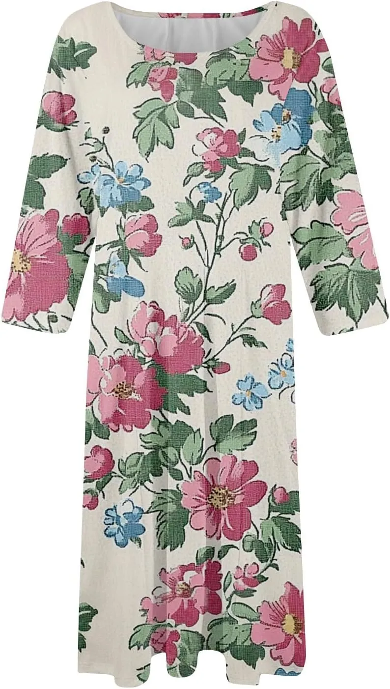 Women's Cruise Outfits 2025 Summer Casual Loose Trendy 3/4 Sleeve Floral Print Midi Dress Plus Size, S-3XL