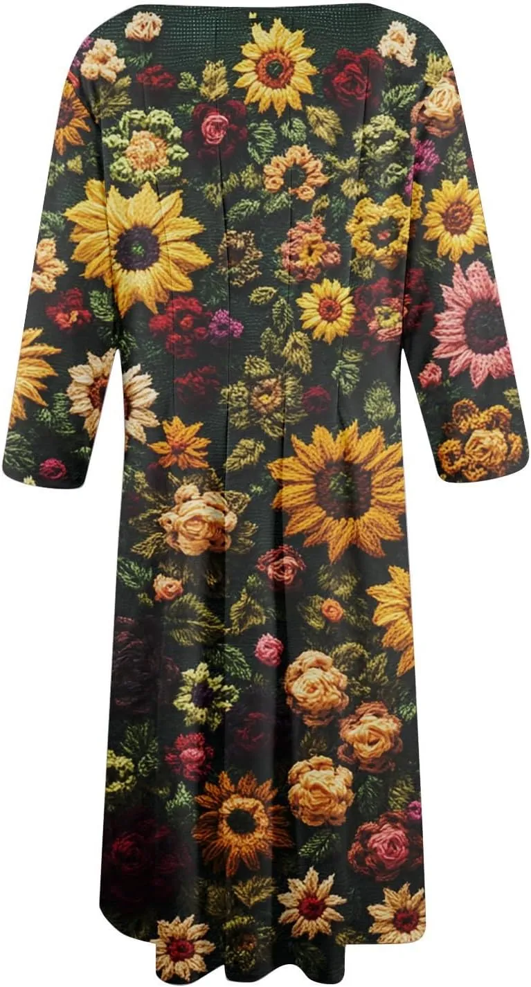 Womens Dresses Casual Spring 3/4 Sleeve A Line Dress Floral Print Midi Dress Summer Pleated Dress with Pocket
