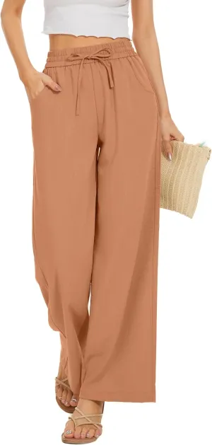 Women's Orange Palazzo Pants - Summer, Casual, Office - X-Small, Wide Leg, Drawstring Waist, High Rise, Stretchable, Machine Wash