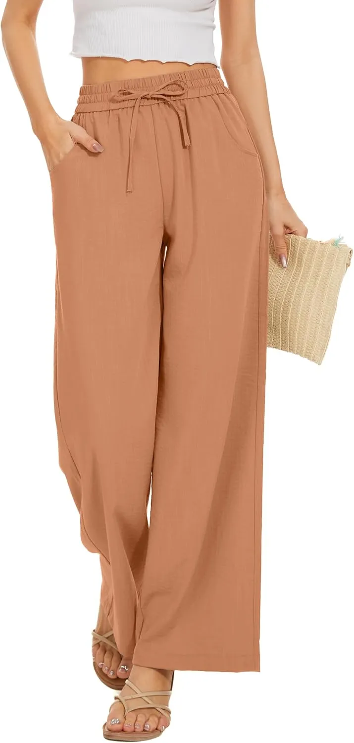 Women's Orange Palazzo Pants - Summer, Casual, Office - X-Small, Wide Leg, Drawstring Waist, High Rise, Stretchable, Machine Wash