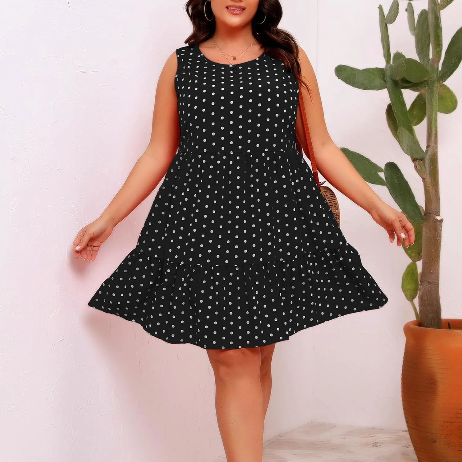 Womens Plus Size Tank Dresses Fashion Bohemian Polkadot Sleeveless Crewneck Swing Flowy Midi Dress Beach Sundress