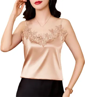 Women's Sexy Silk Satin Camis Spring Summer Tank Tops Sleeveless Patchwork Lace Camisole