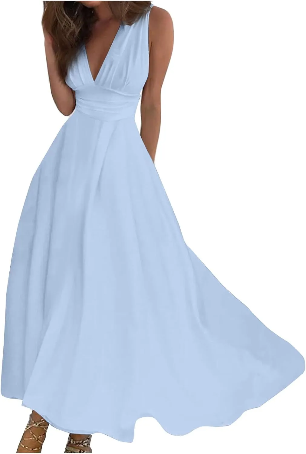 Women's Sleeveless Deep V Neck Floral Print Maxi Dresses Pleated High Waist Party Evening Long Dress