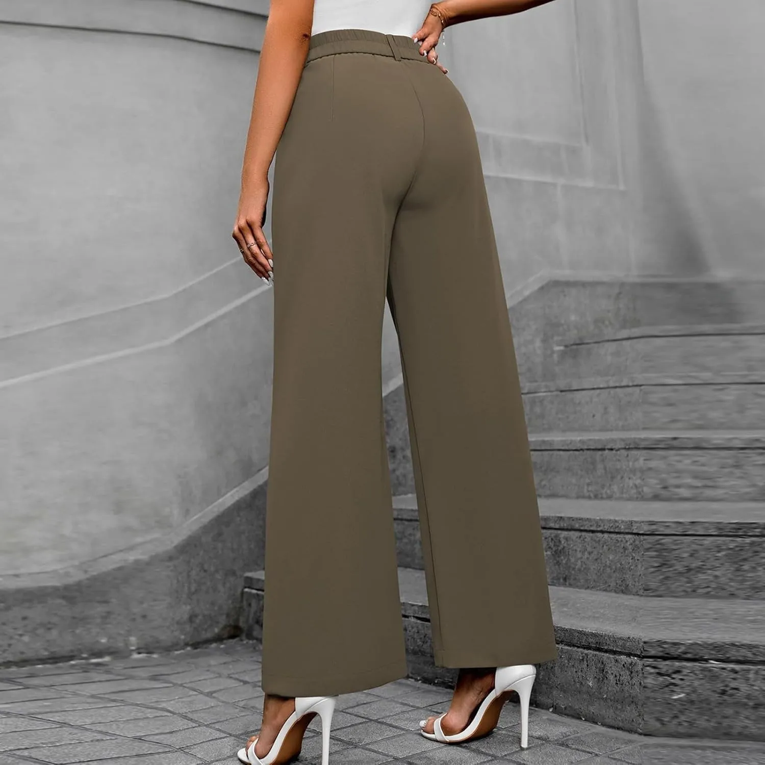 Women's Slim Fit Straight Commuter High Waist Pants Casual Button Down Loose Business Work Office Trousers with Pockets