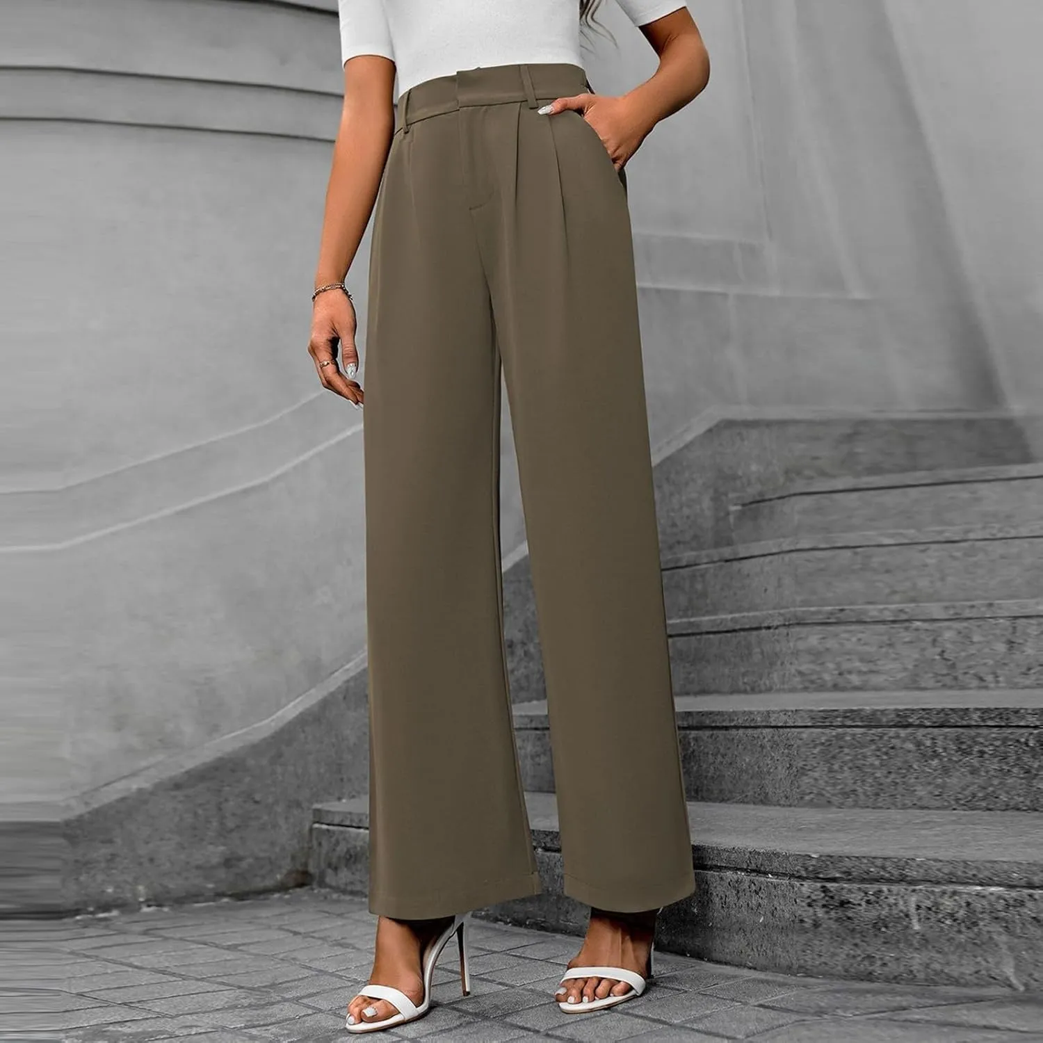 Women's Slim Fit Straight Commuter High Waist Pants Casual Button Down Loose Business Work Office Trousers with Pockets