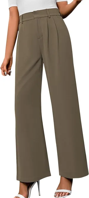 Women's Slim Fit Straight Commuter High Waist Pants Casual Button Down Loose Business Work Office Trousers with Pockets