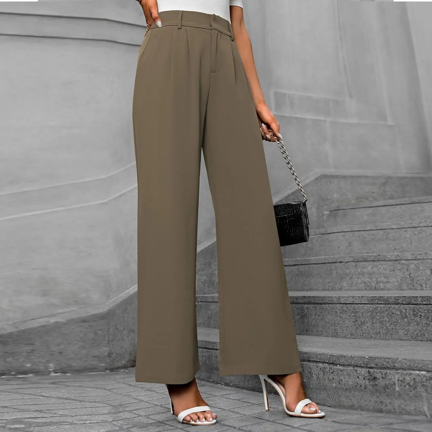 Women's Slim Fit Straight Commuter High Waist Pants Casual Button Down Loose Business Work Office Trousers with Pockets