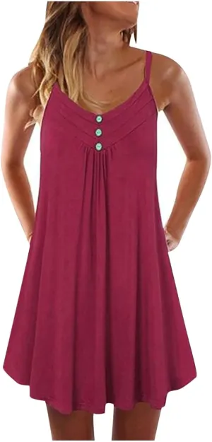 Womens Spaghetti Strap Button Front Mini Dress Casual Sleeveless Flowy A Line Sundress for Summer Vacation 2025