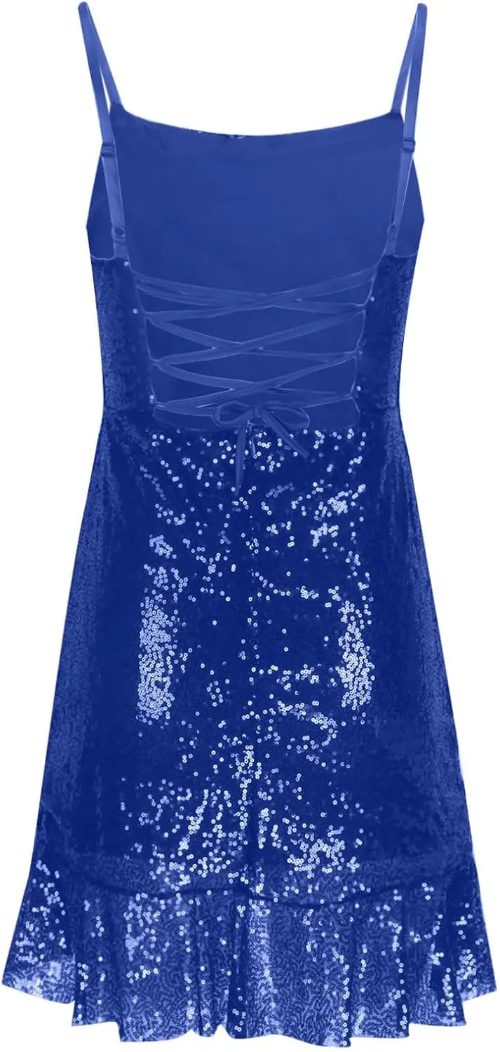 Womens Spaghetti Strap Dress Sexy Backless Sparkly Glitter Sequin Mini Dress Ruffle Hem Party Club Short Dresses