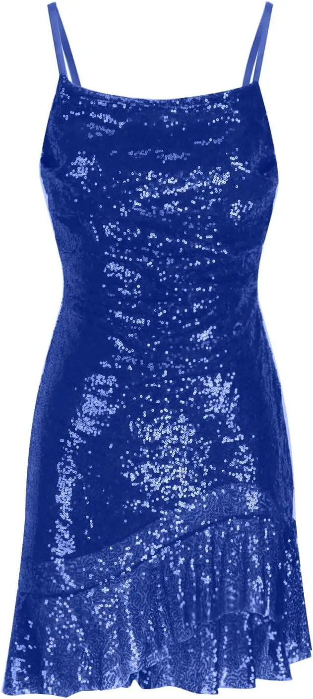 Womens Spaghetti Strap Dress Sexy Backless Sparkly Glitter Sequin Mini Dress Ruffle Hem Party Club Short Dresses