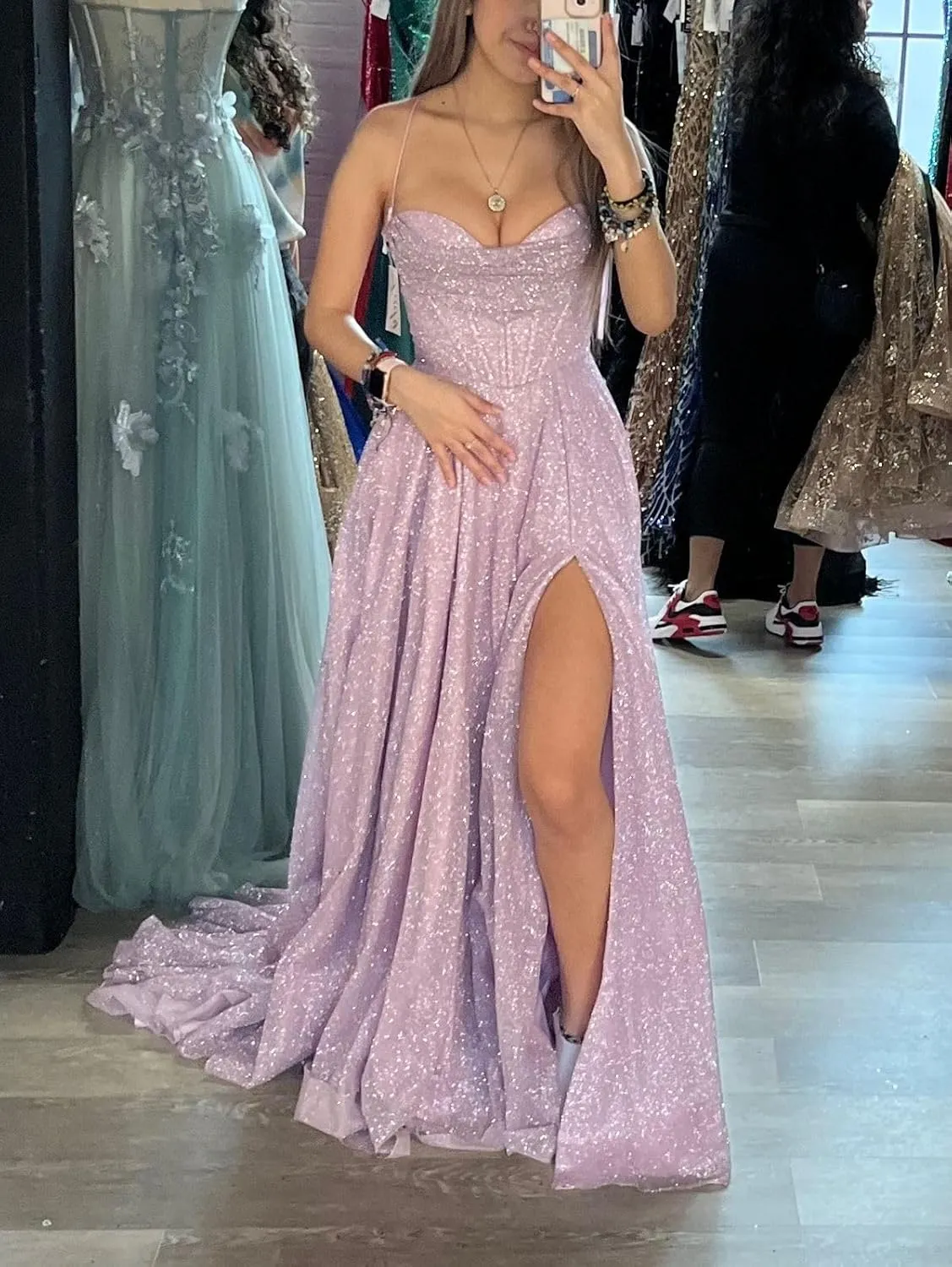 Women's Spaghetti Straps Glitter Tulle Prom Dress with Slit Cowl Neck A-line Long Evening Formal Gown