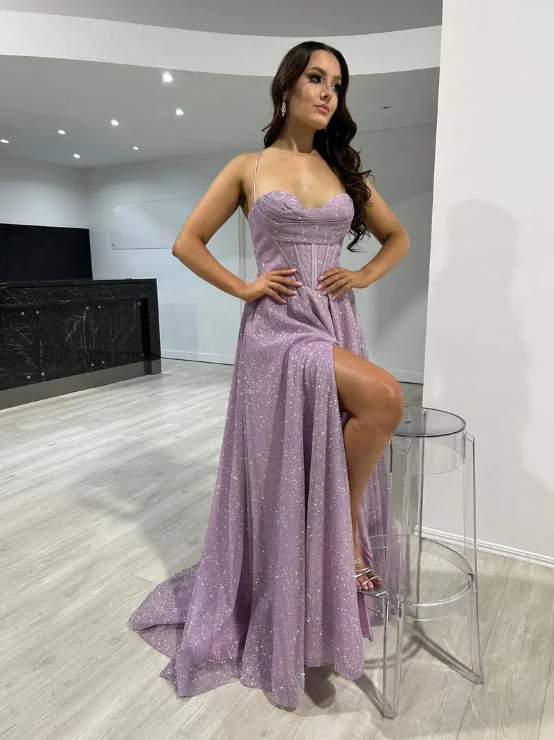 Women's Spaghetti Straps Glitter Tulle Prom Dress with Slit Cowl Neck A-line Long Evening Formal Gown