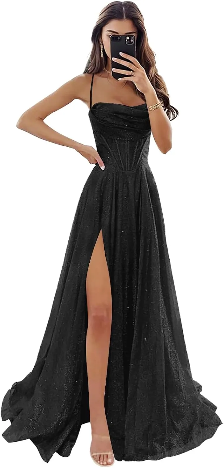 Women's Spaghetti Straps Glitter Tulle Prom Dress with Slit Cowl Neck A-line Long Evening Formal Gown