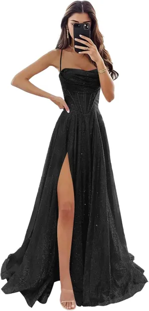 Women's Spaghetti Straps Glitter Tulle Prom Dress with Slit Cowl Neck A-line Long Evening Formal Gown