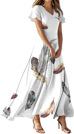 Womens Spring Chiffon Dresses 2025 Summer Flowy Short Sleeve High Waisted Dress A Line Wedding Guest V Neck Dresses