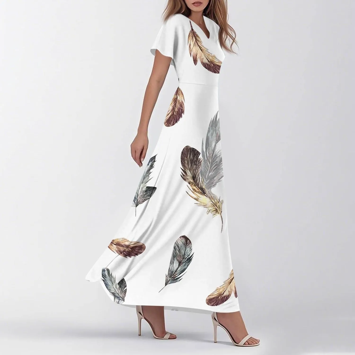 Womens Spring Chiffon Dresses 2025 Summer Flowy Short Sleeve High Waisted Dress A Line Wedding Guest V Neck Dresses